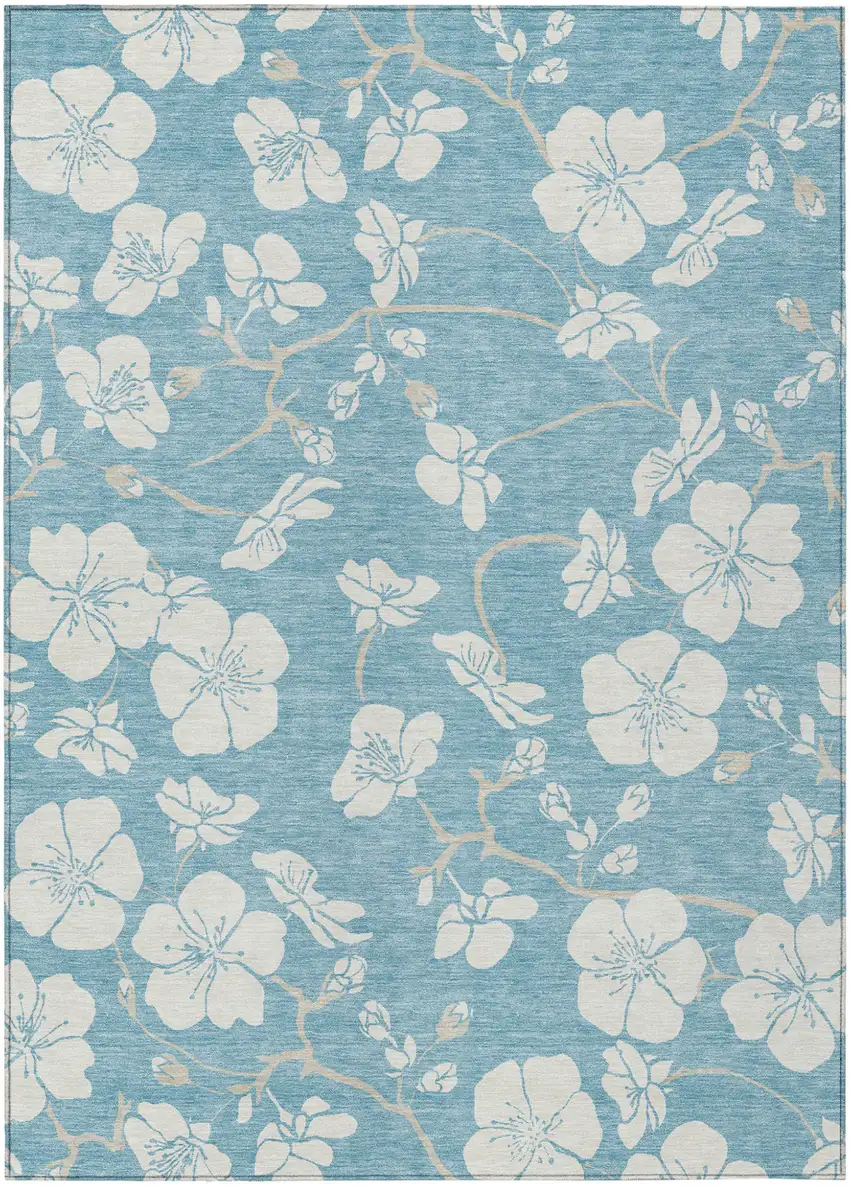 Sky Blue And Ivory Floral Washable Indoor Outdoor Area Rug Photo 2