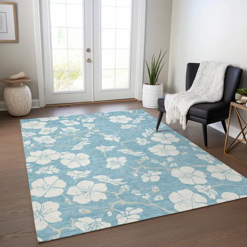 Sky Blue And Ivory Floral Washable Indoor Outdoor Area Rug Photo 7