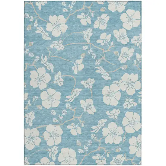 Sky Blue And Ivory Floral Washable Indoor Outdoor Area Rug Photo 5
