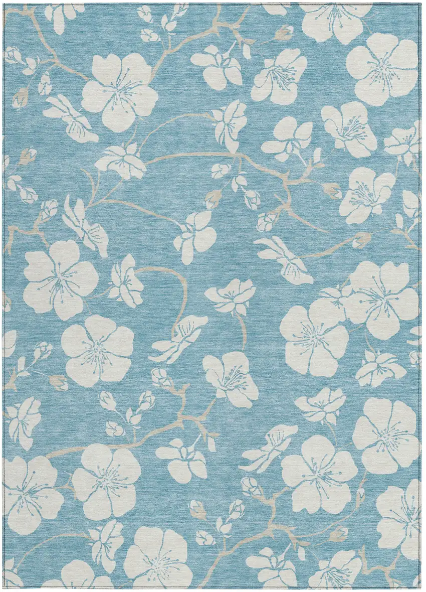 Sky Blue And Ivory Floral Washable Indoor Outdoor Area Rug Photo 5