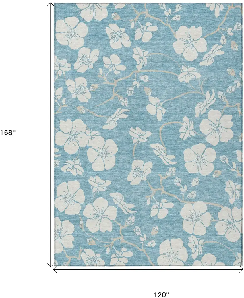 Sky Blue And Ivory Floral Washable Indoor Outdoor Area Rug Photo 3