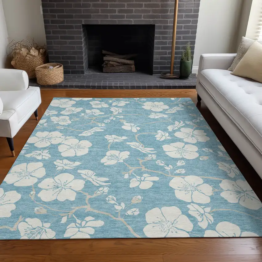 Sky Blue And Ivory Floral Washable Indoor Outdoor Area Rug Photo 8