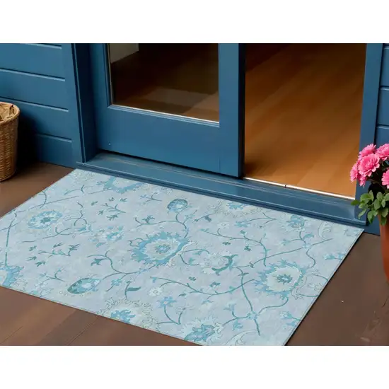 Sky Blue And Ivory Floral Washable Indoor Outdoor Area Rug Photo 1