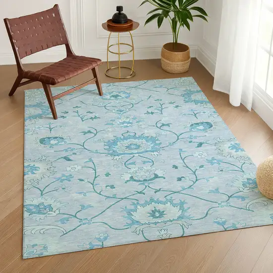 Sky Blue And Ivory Floral Washable Indoor Outdoor Area Rug Photo 9