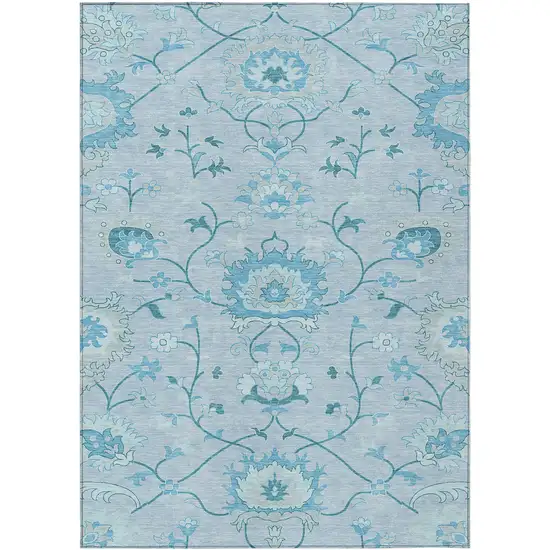 Sky Blue And Ivory Floral Washable Indoor Outdoor Area Rug Photo 2