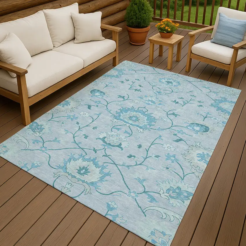 Sky Blue And Ivory Floral Washable Indoor Outdoor Area Rug Photo 9