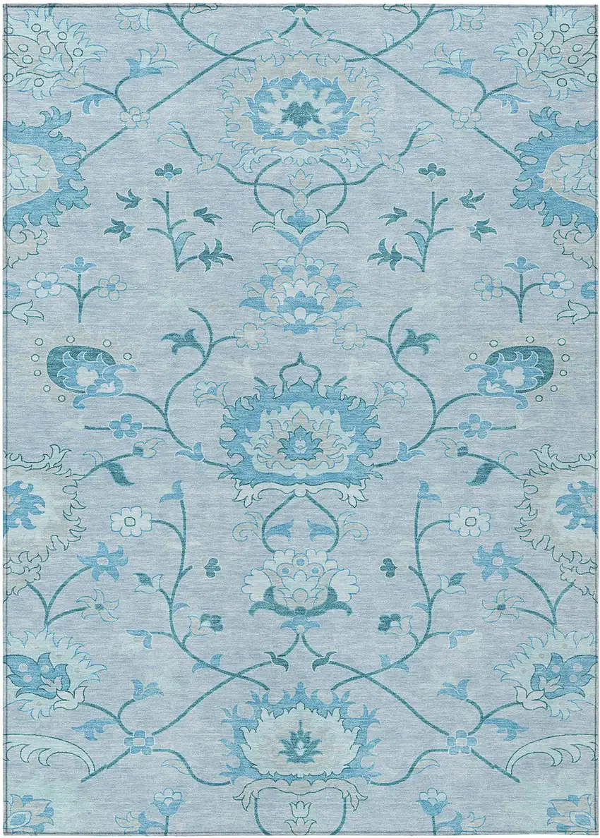 Sky Blue And Ivory Floral Washable Indoor Outdoor Area Rug Photo 2