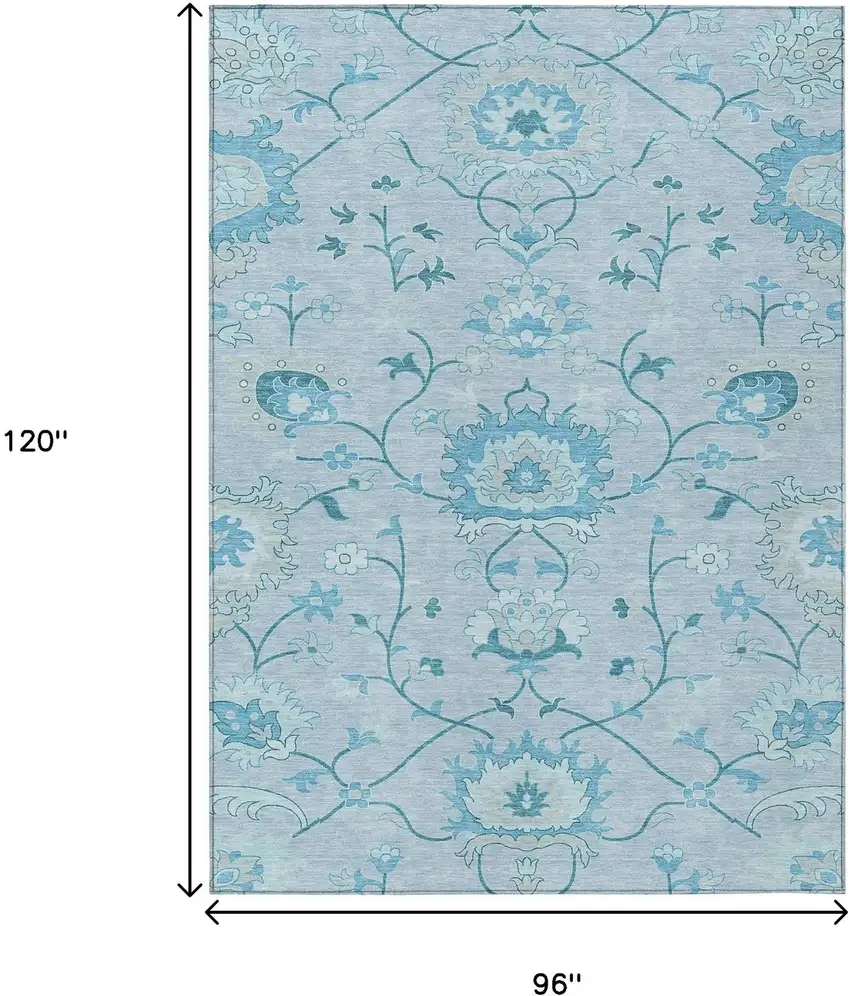 Sky Blue And Ivory Floral Washable Indoor Outdoor Area Rug Photo 3