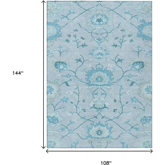 Sky Blue And Ivory Floral Washable Indoor Outdoor Area Rug Photo 9