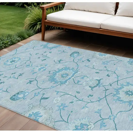 Sky Blue And Ivory Floral Washable Indoor Outdoor Area Rug Photo 1