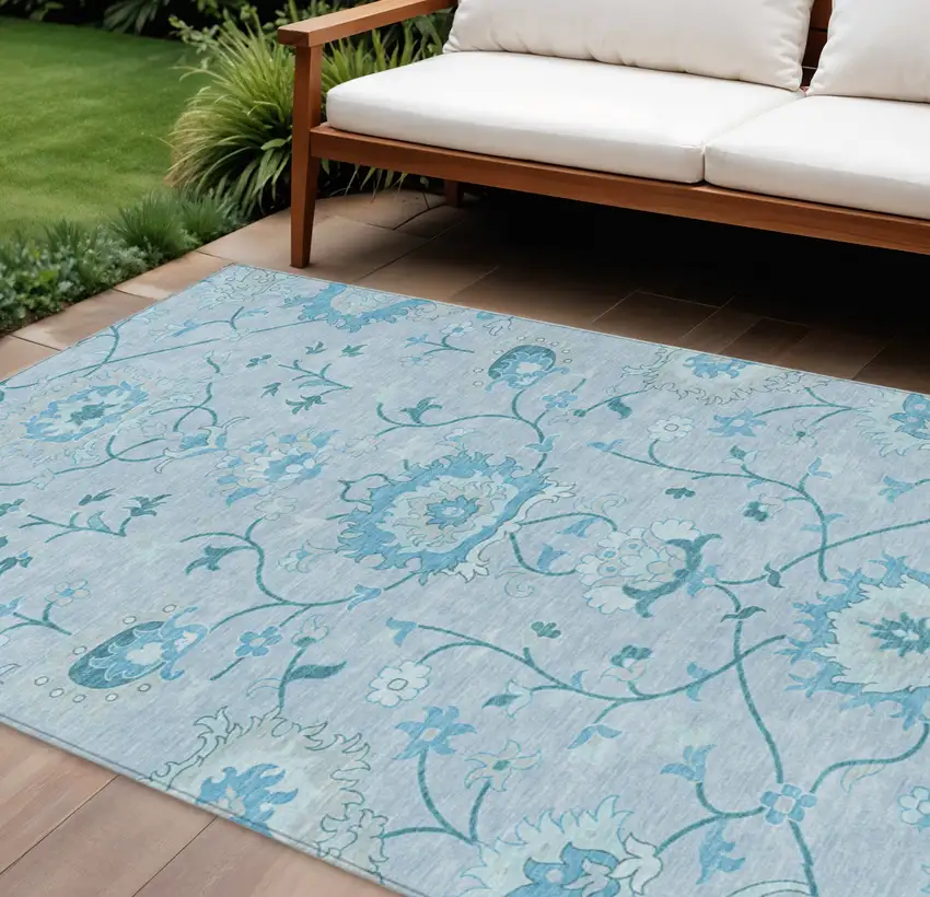 Sky Blue And Ivory Floral Washable Indoor Outdoor Area Rug Photo 1