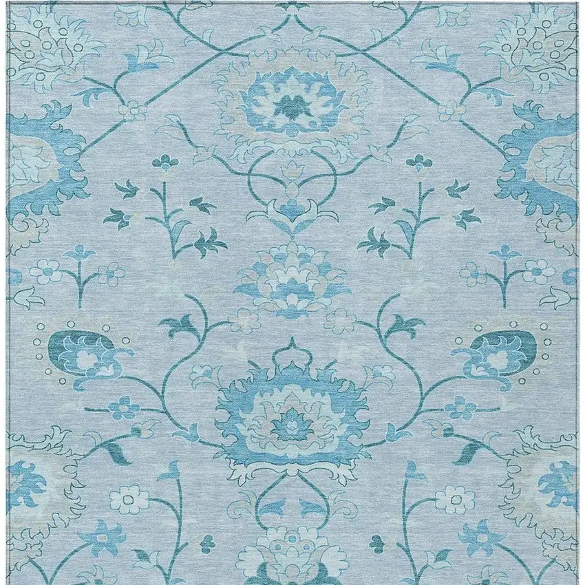 Sky Blue And Ivory Floral Washable Indoor Outdoor Area Rug Photo 5