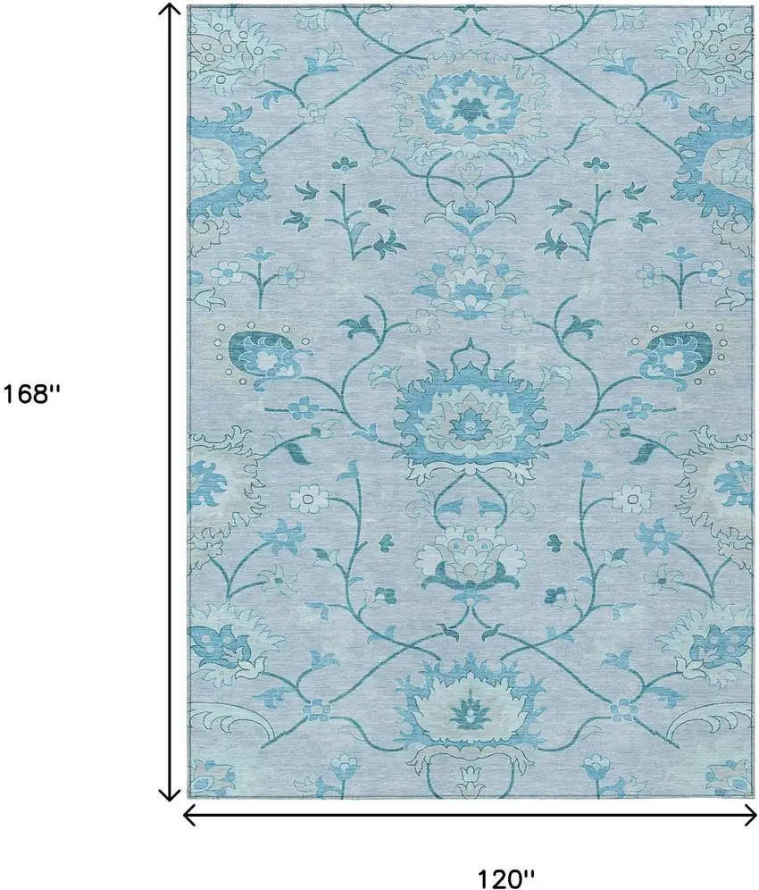 Sky Blue And Ivory Floral Washable Indoor Outdoor Area Rug Photo 6