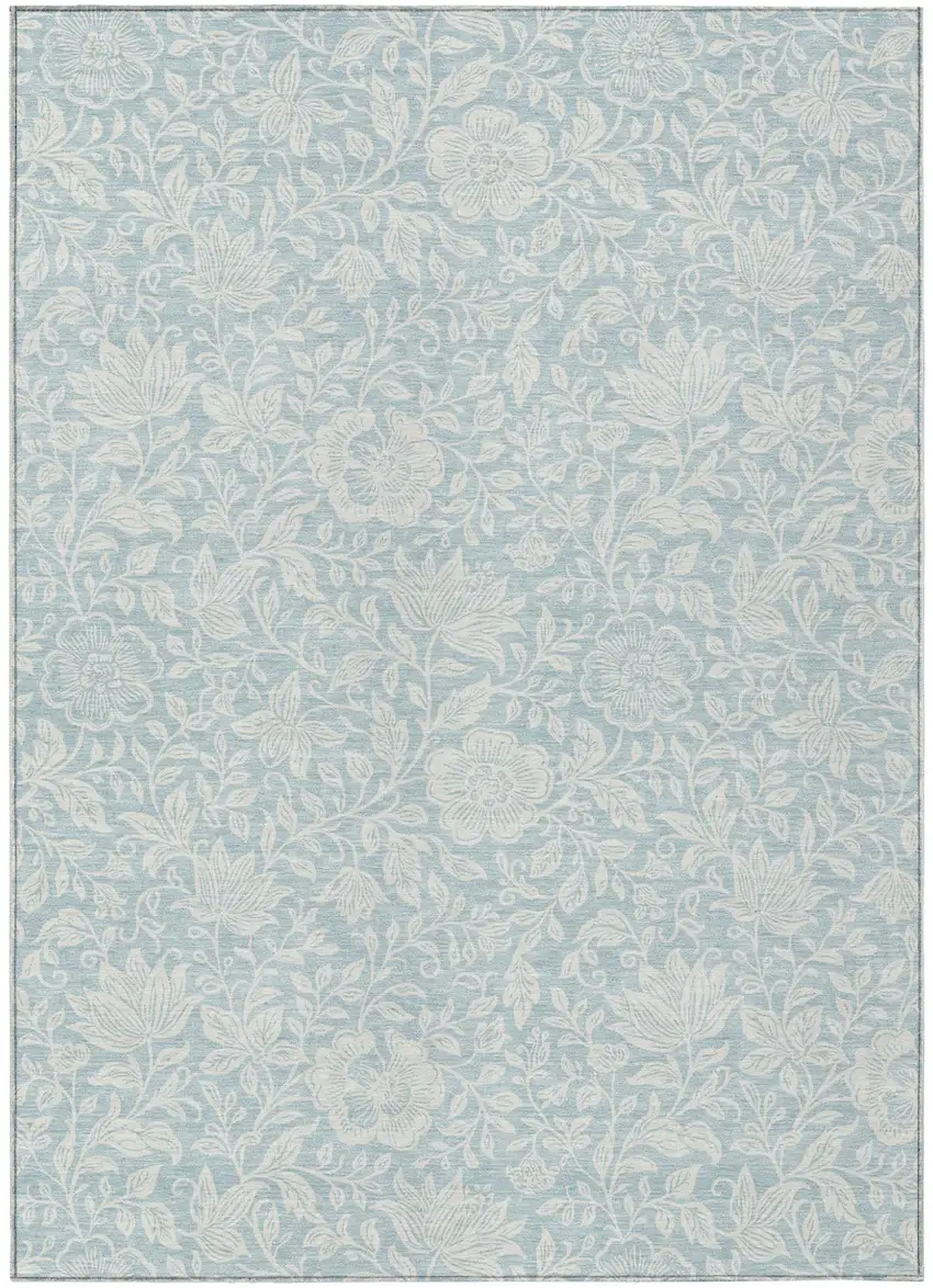 Sky Blue And Ivory Floral Washable Indoor Outdoor Area Rug Photo 1