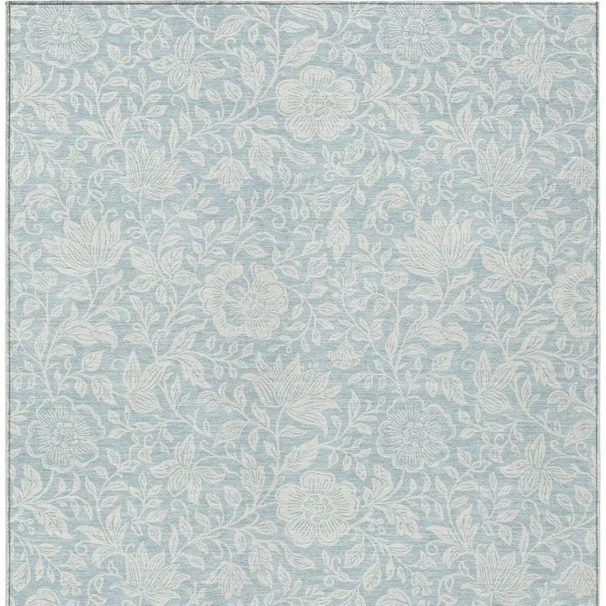 Sky Blue And Ivory Floral Washable Indoor Outdoor Area Rug Photo 2