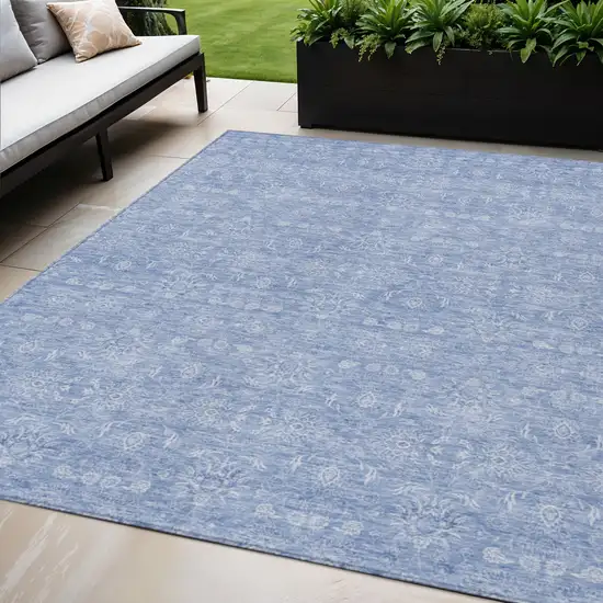 Sky Blue And Ivory Floral Washable Indoor Outdoor Area Rug Photo 1
