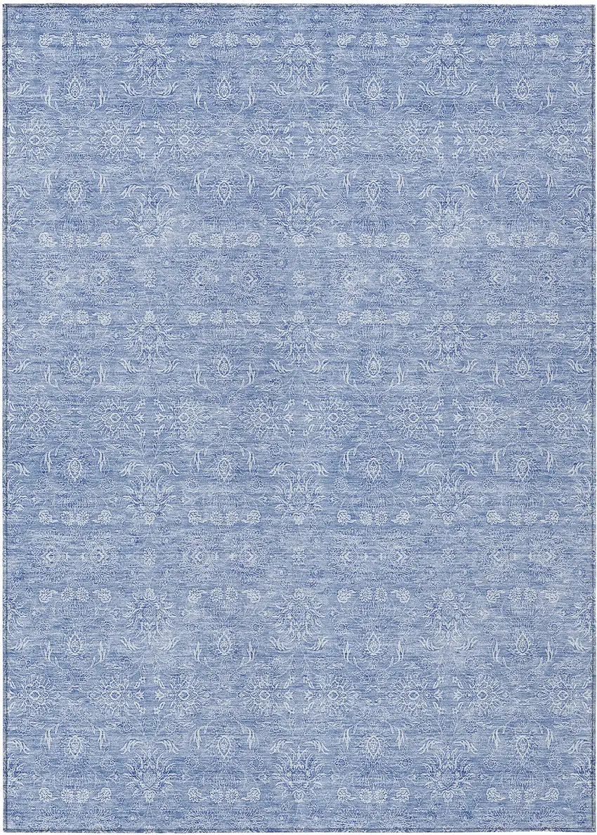 Sky Blue And Ivory Floral Washable Indoor Outdoor Area Rug Photo 1