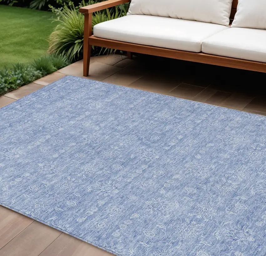 Sky Blue And Ivory Floral Washable Indoor Outdoor Area Rug Photo 1