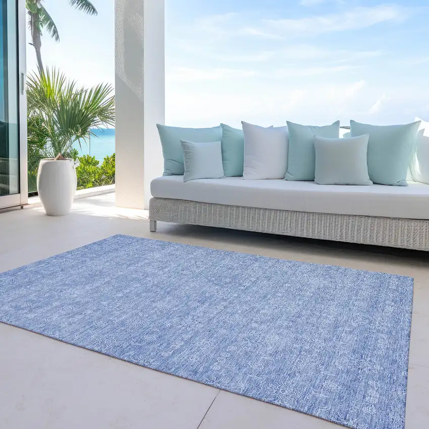 Sky Blue And Ivory Floral Washable Indoor Outdoor Area Rug Photo 8