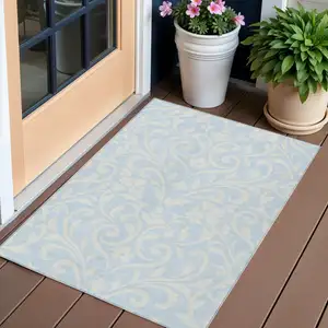 Photo of Sky Blue And Ivory Floral Washable Indoor Outdoor Area Rug