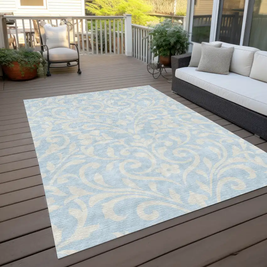 Sky Blue And Ivory Floral Washable Indoor Outdoor Area Rug Photo 9