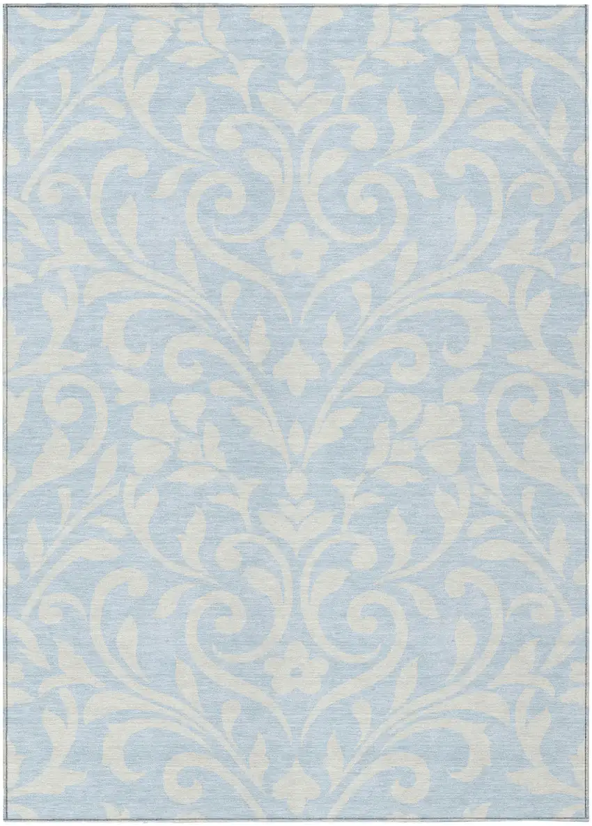 Sky Blue And Ivory Floral Washable Indoor Outdoor Area Rug Photo 2