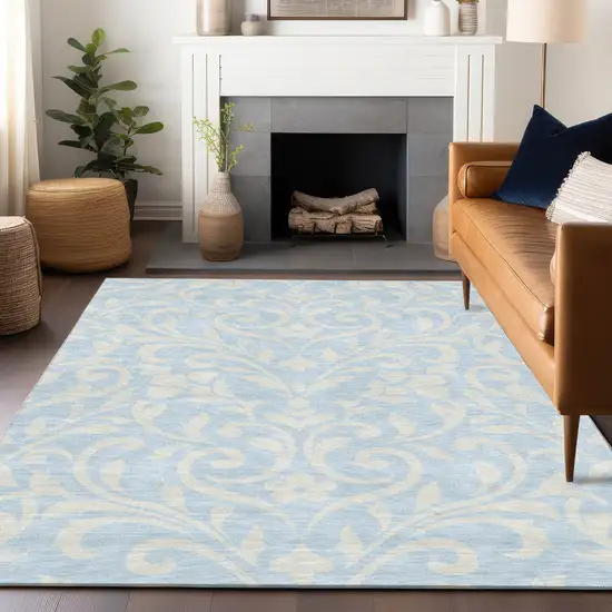Sky Blue And Ivory Floral Washable Indoor Outdoor Area Rug Photo 9