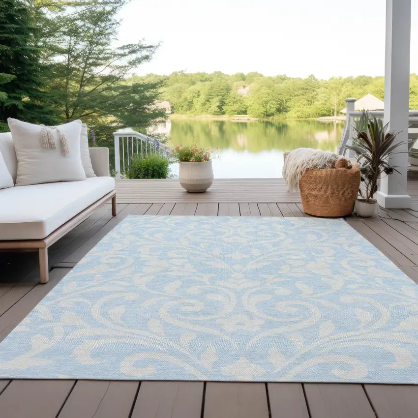 Sky Blue And Ivory Floral Washable Indoor Outdoor Area Rug Photo 8