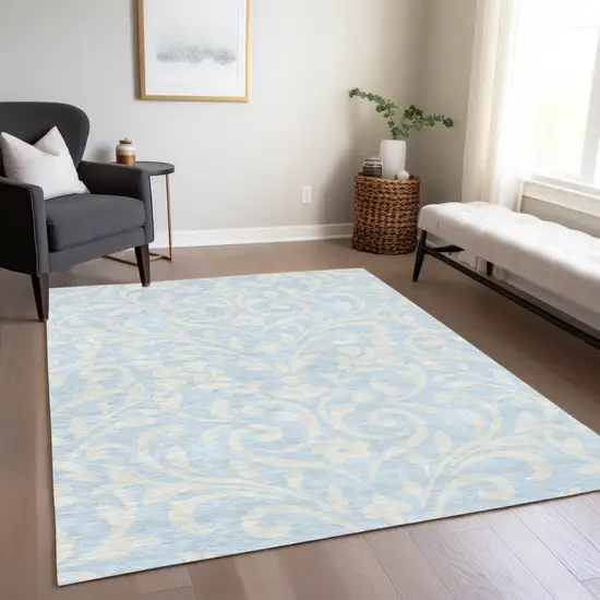 Sky Blue And Ivory Floral Washable Indoor Outdoor Area Rug Photo 9