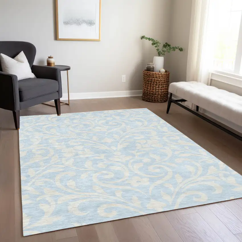 Sky Blue And Ivory Floral Washable Indoor Outdoor Area Rug Photo 9