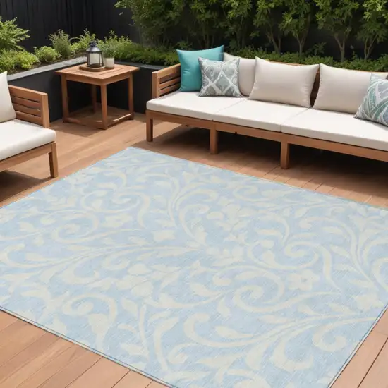 Sky Blue And Ivory Floral Washable Indoor Outdoor Area Rug Photo 1