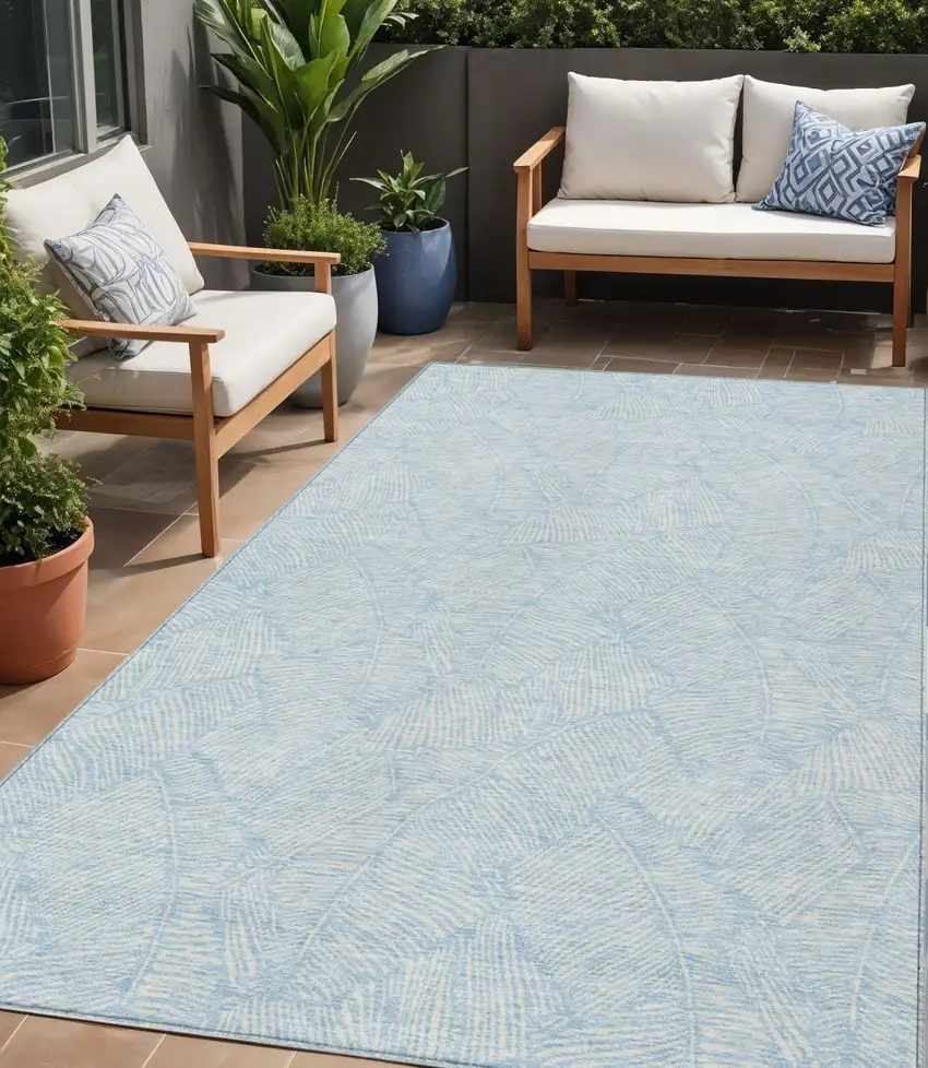 Sky Blue And Ivory Floral Washable Indoor Outdoor Area Rug Photo 1