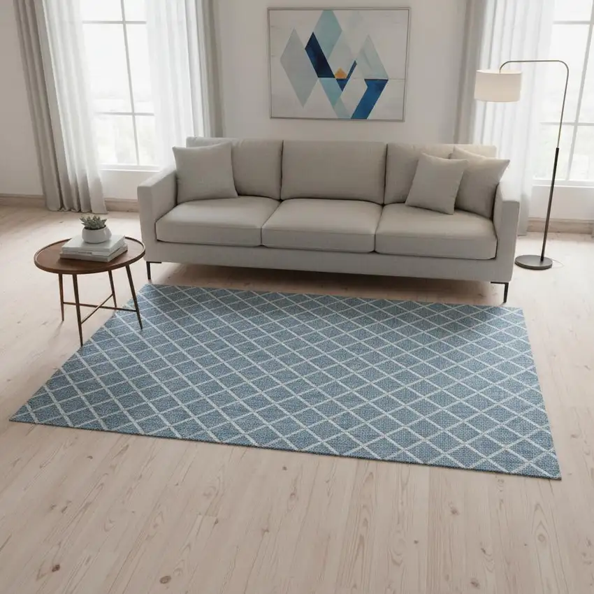 Sky Blue And Ivory Geometric Washable Area Rug With UV Protection Photo 1