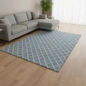 Photo of Sky Blue And Ivory Geometric Washable Area Rug With UV Protection