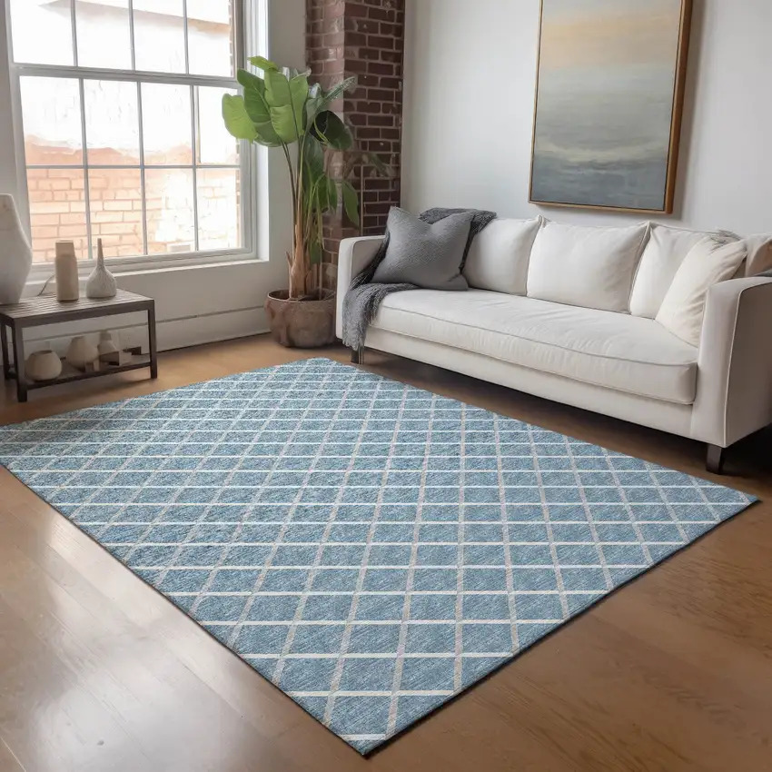 Sky Blue And Ivory Geometric Washable Area Rug With UV Protection Photo 6