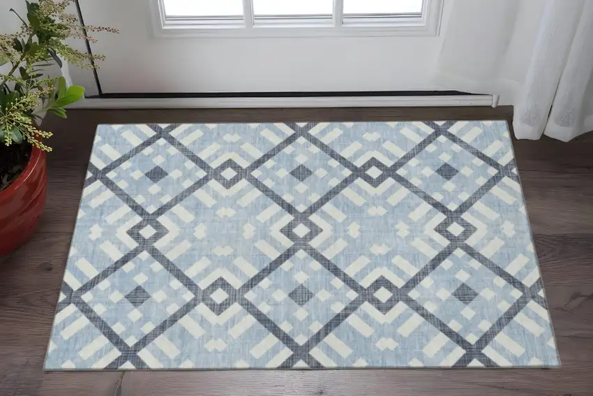 Sky Blue And Ivory Geometric Washable Area Rug With UV Protection Photo 2