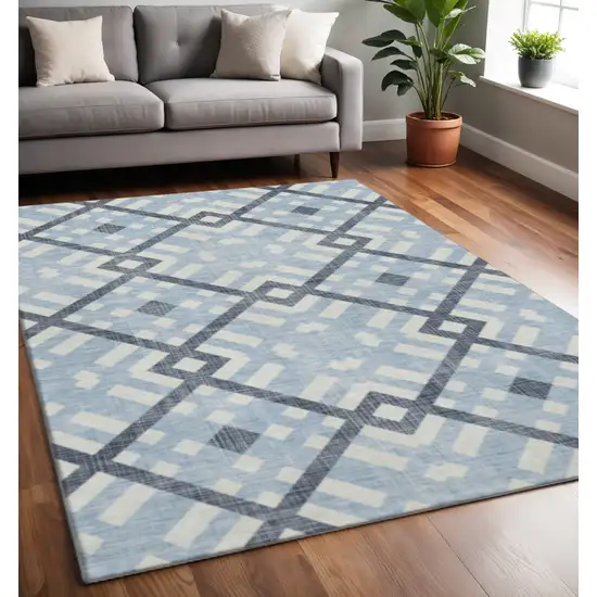 Sky Blue And Ivory Geometric Washable Area Rug With UV Protection Photo 2