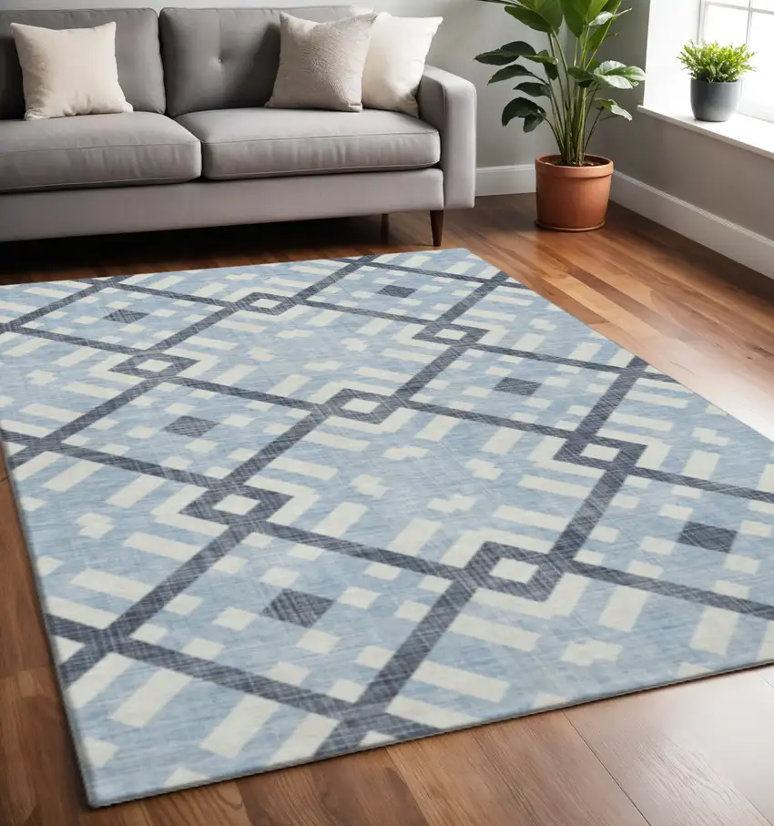 Sky Blue And Ivory Geometric Washable Area Rug With UV Protection Photo 2