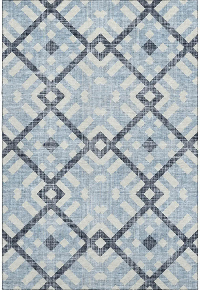 Sky Blue And Ivory Geometric Washable Area Rug With UV Protection Photo 1