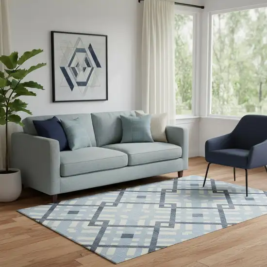 Sky Blue And Ivory Geometric Washable Area Rug With UV Protection Photo 1