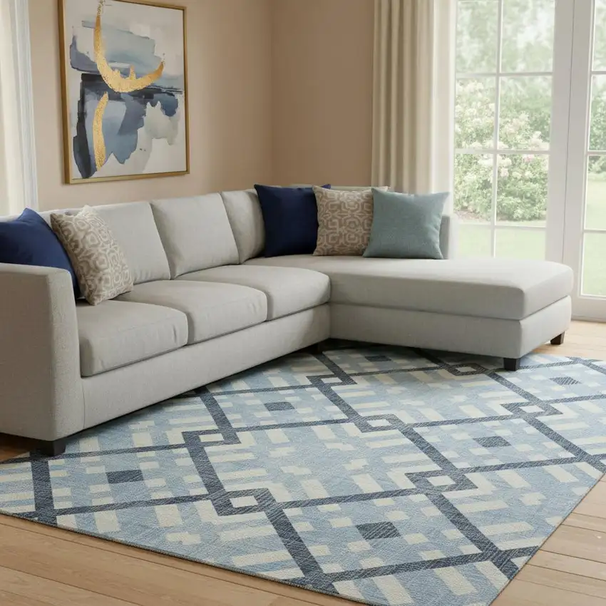 Sky Blue And Ivory Geometric Washable Area Rug With UV Protection Photo 1
