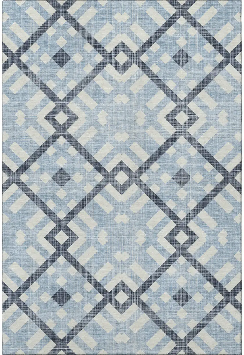 Sky Blue And Ivory Geometric Washable Area Rug With UV Protection Photo 4