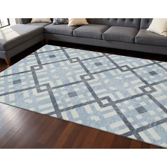 Sky Blue And Ivory Geometric Washable Area Rug With UV Protection Photo 2