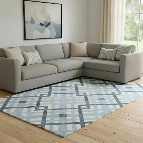 Sky Blue And Ivory Geometric Washable Area Rug With UV Protection Photo 1