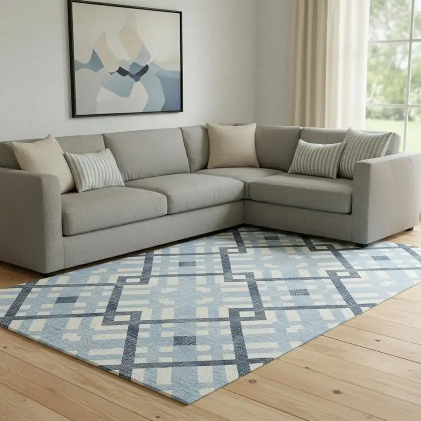 Sky Blue And Ivory Geometric Washable Area Rug With UV Protection Photo 1