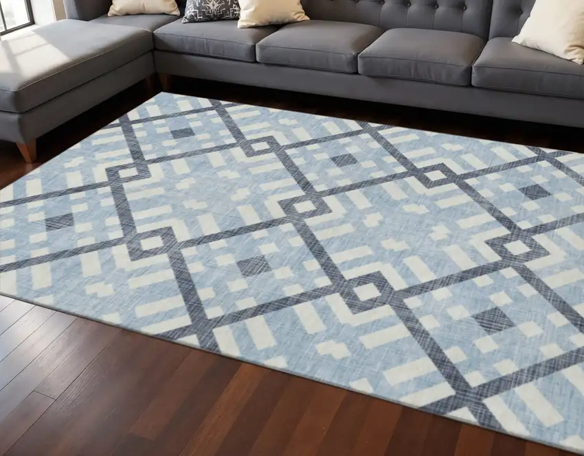 Sky Blue And Ivory Geometric Washable Area Rug With UV Protection Photo 2