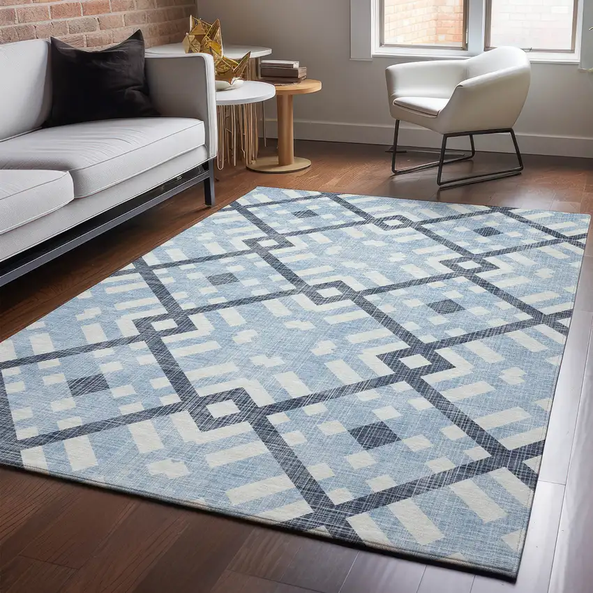 Sky Blue And Ivory Geometric Washable Area Rug With UV Protection Photo 5