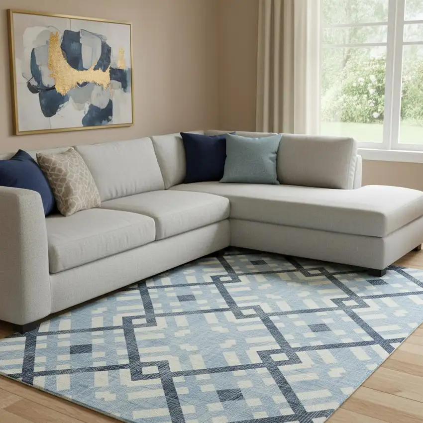 Sky Blue And Ivory Geometric Washable Area Rug With UV Protection Photo 1