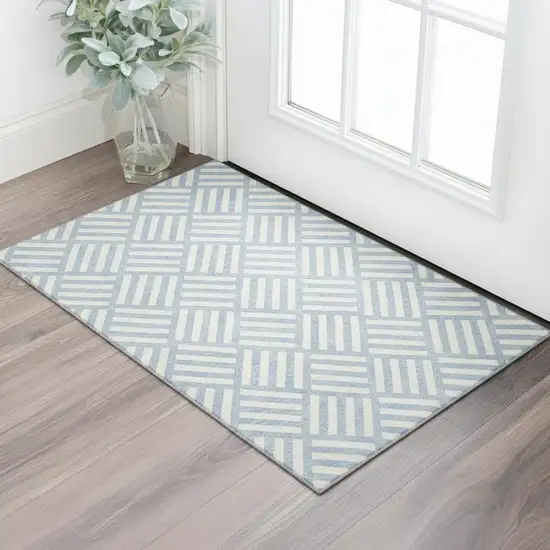 Sky Blue And Ivory Geometric Washable Area Rug With UV Protection Photo 1