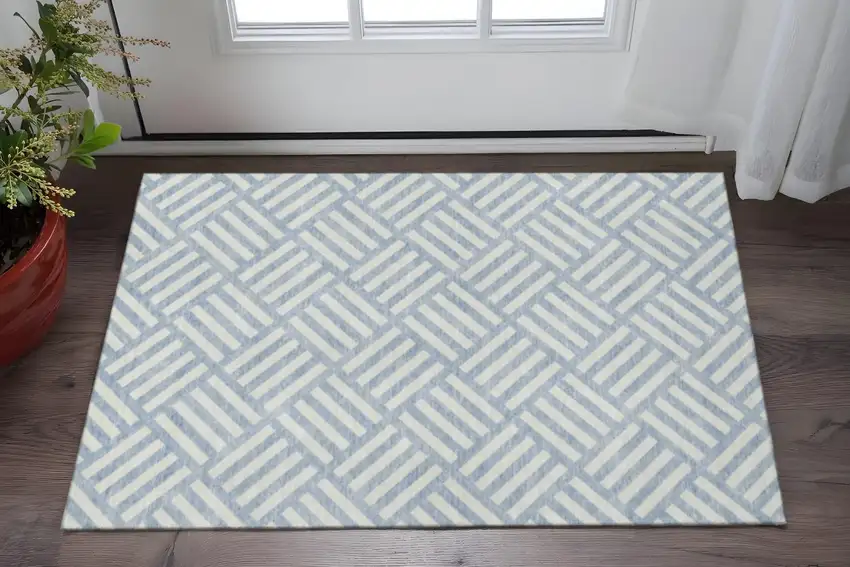 Sky Blue And Ivory Geometric Washable Area Rug With UV Protection Photo 2